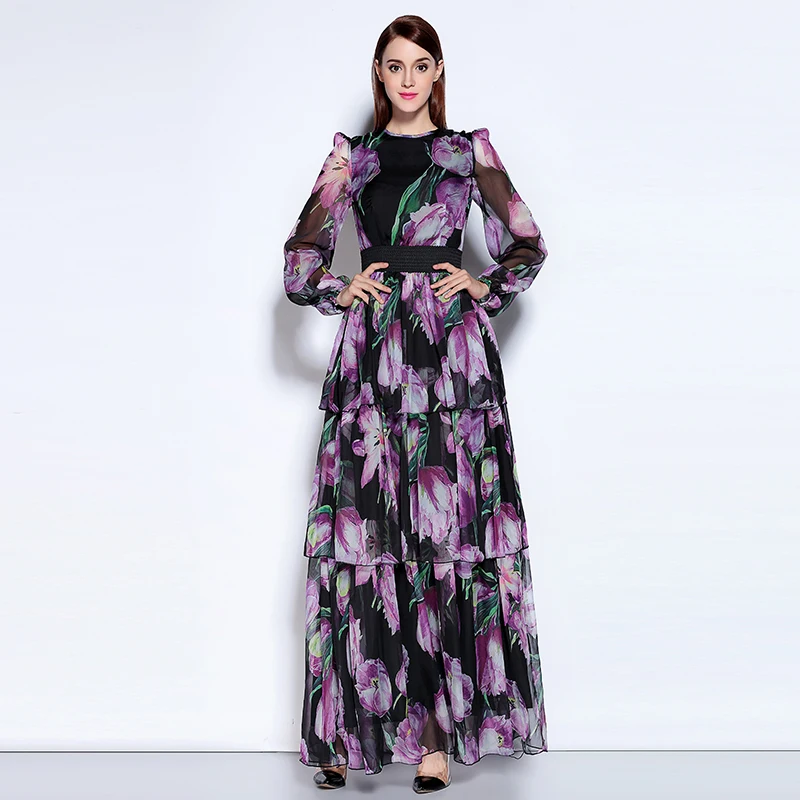 Осеннее новейшее богемное длинное платье длиной до щиколотки с круглым вырезом и длинным рукавом с фиолетовым тюльпаном