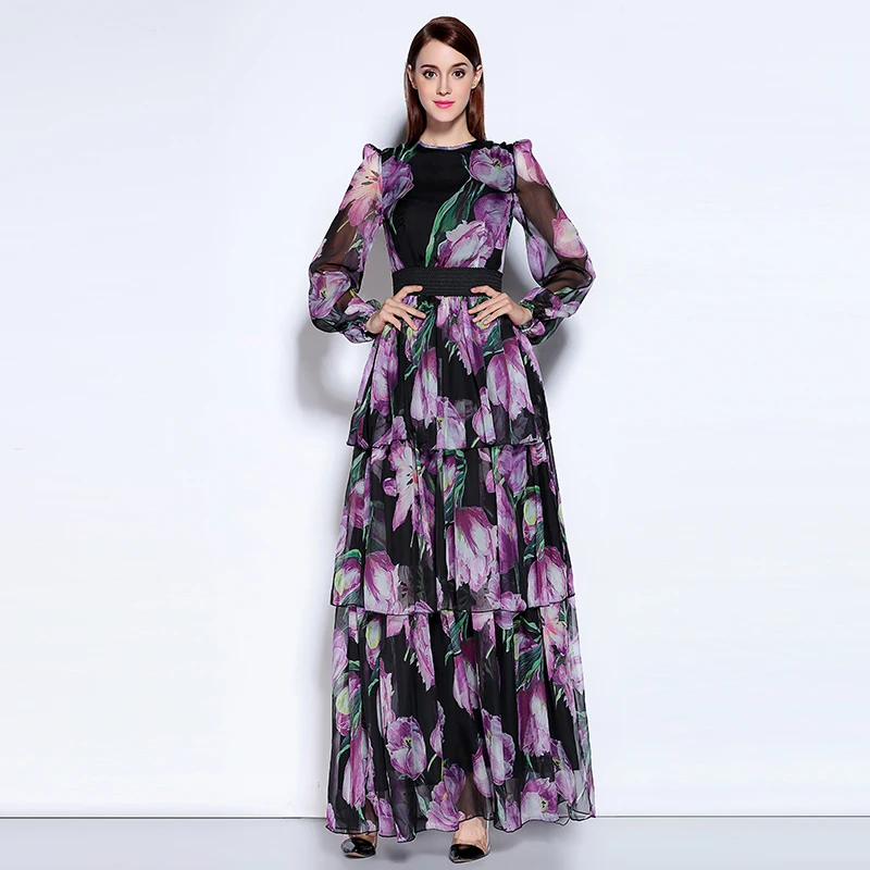 

2018 Autumn Newest O-Neck Full Sleeve Bohemian Purple Tulip Print Expansion Temperament Ankle-Length Fashion Long Dress Women