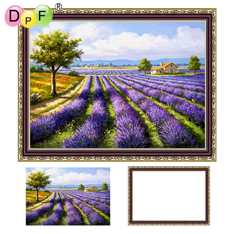 

DPF Diamond Embroidery kit Lavender Pastoral Round full Diamond painting Cross Stitch with Framed Rhinestone home Decor painting
