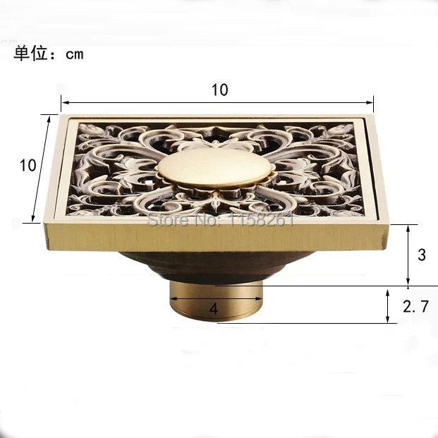 Antique Brass Square Floor Drain for Bathroom Kitchen w// Strainer Grate