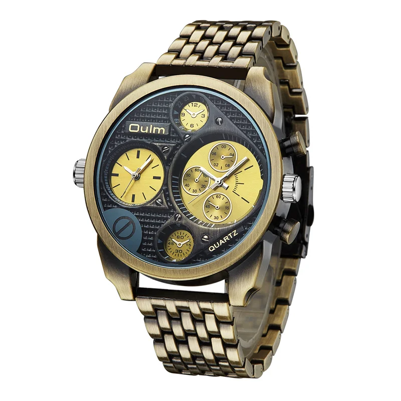 Oulm Unique Design Sports Watches Men Luxury Brand Two Time Zone Quartz Watch Large Big Dial Male Clock Military Wristwatch
