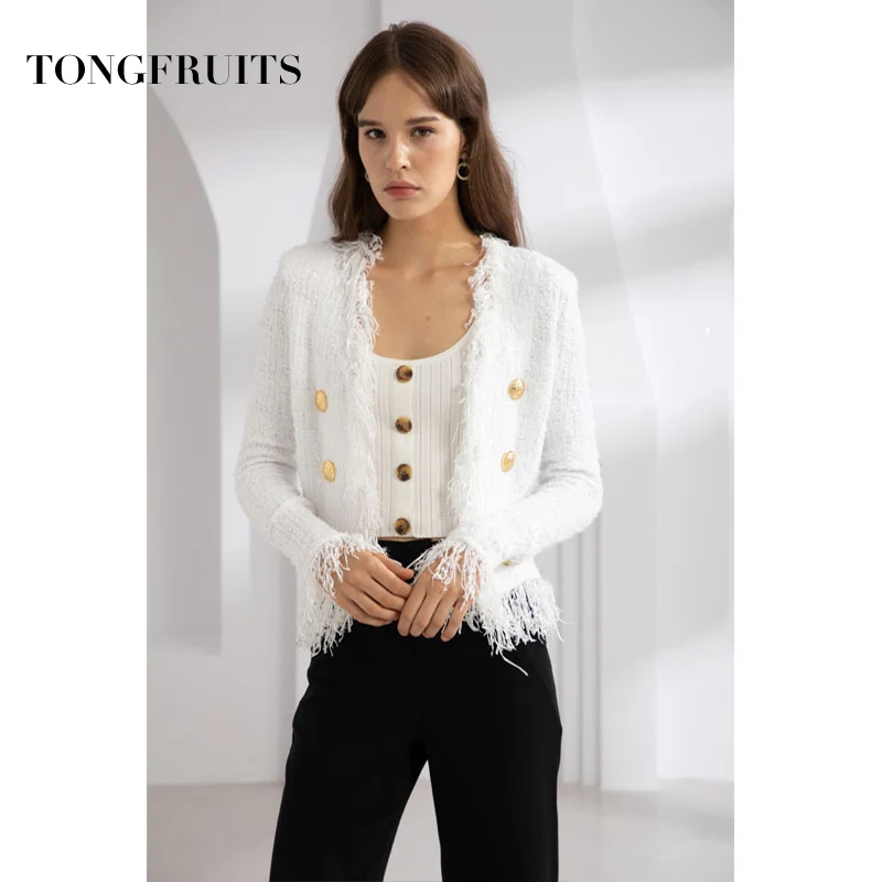 Fashion Long Sleeve Coats Gold Double Row Button Slim Casual Autumn Women Jacket Tassel Coat Female Outwear white High Quality