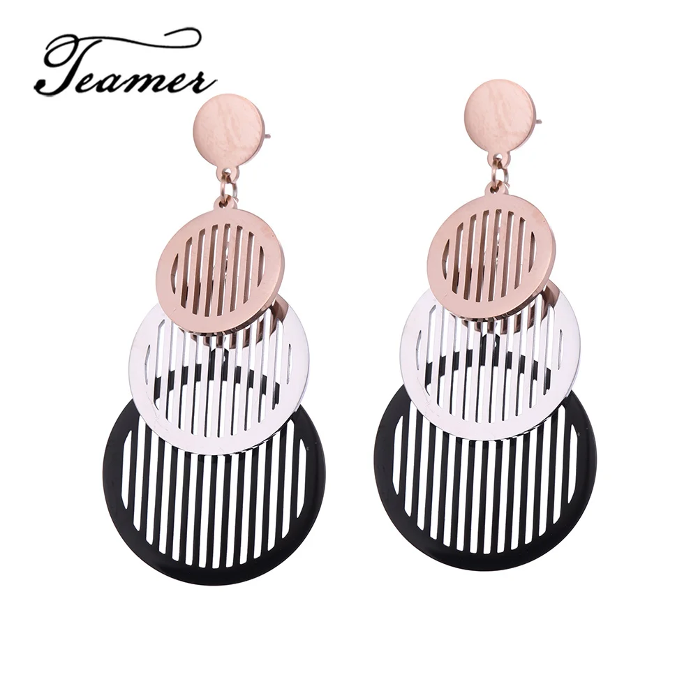 

Teamer Bohemian Long Earrings Stainless Steel Hollow Round Heart Dangle Earrings for Women Statement Jewelry Valentine's Day