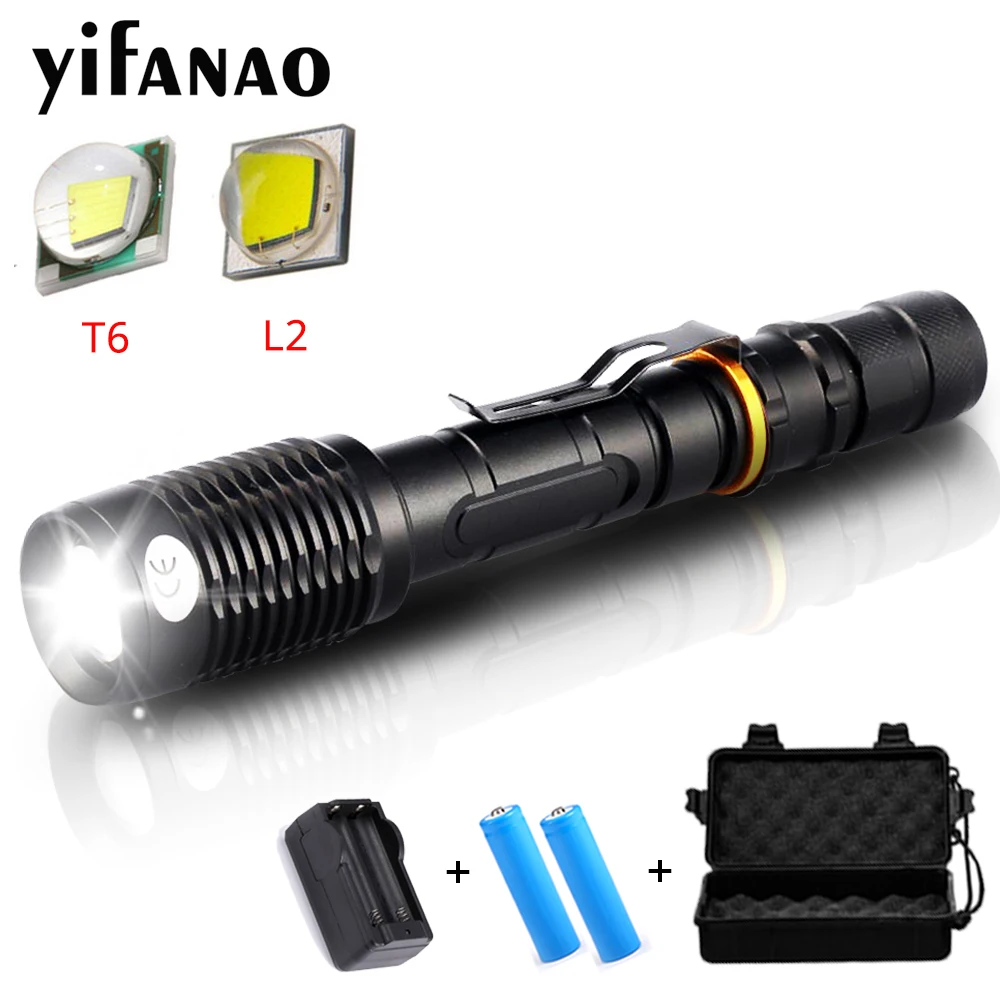 

Bright L2/T6 LED Flashlight 8000 Lumens Torch Lamp Rechargeable 18650 Battery Tactical 5 Modes Waterproof Zoomable Flash Light