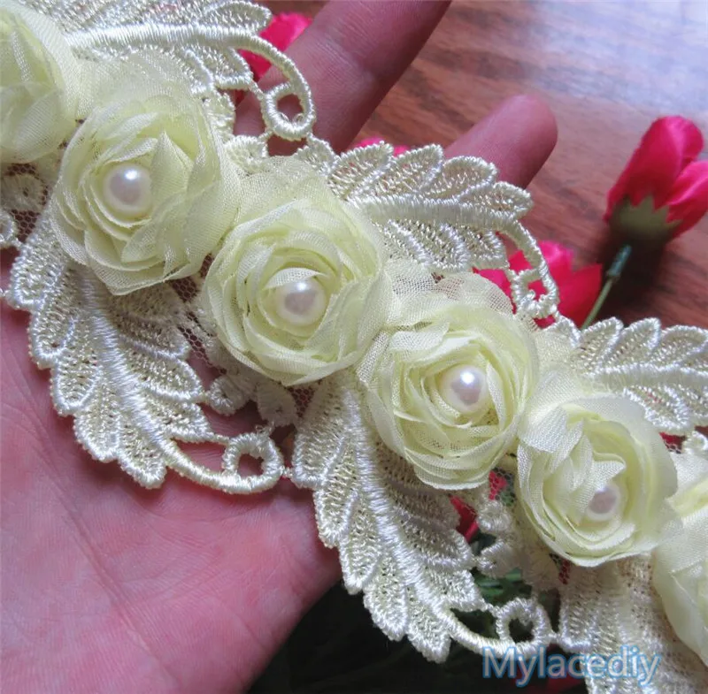 1 yard 3D Yellow Chiffon Pearl Rose Flower Embroidered Lace Trim Ribbon Fabric Handmade DIY Wedding Dress Sewing Supplies Craft | Дом и сад
