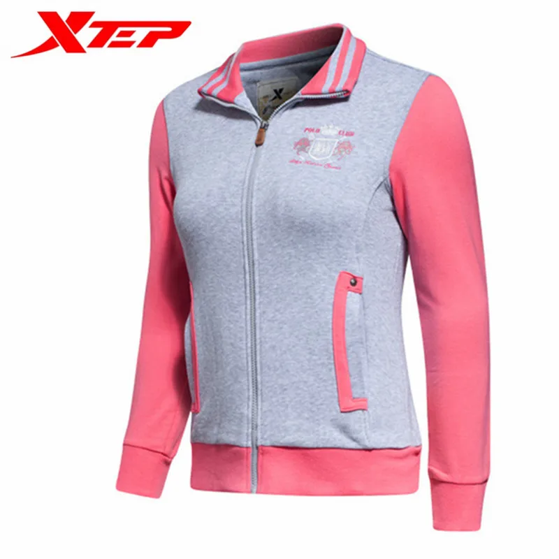 

XTEP Women Autumn Patchwork Rib Sleeve Running Sport Zipper Jacket Windproof Thermal Stand Collar Jogging Fitness Coat 9863A2W99