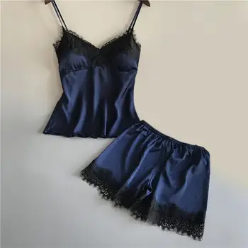 

2019 New Women's Sleepwear Silk Pajamas Set Fashion Lace Satin V-Neck Pijama Ladies Sexy Lingerie Pyjamas Women Nightwear