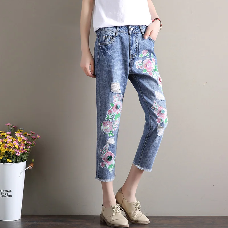 New Flowers Painted Jeans Women 2018 
