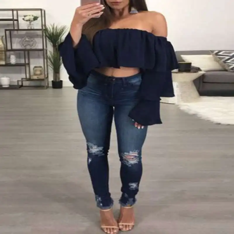 New Womens Ladies Frill Bardot Casual Off Shoulder Ribbed