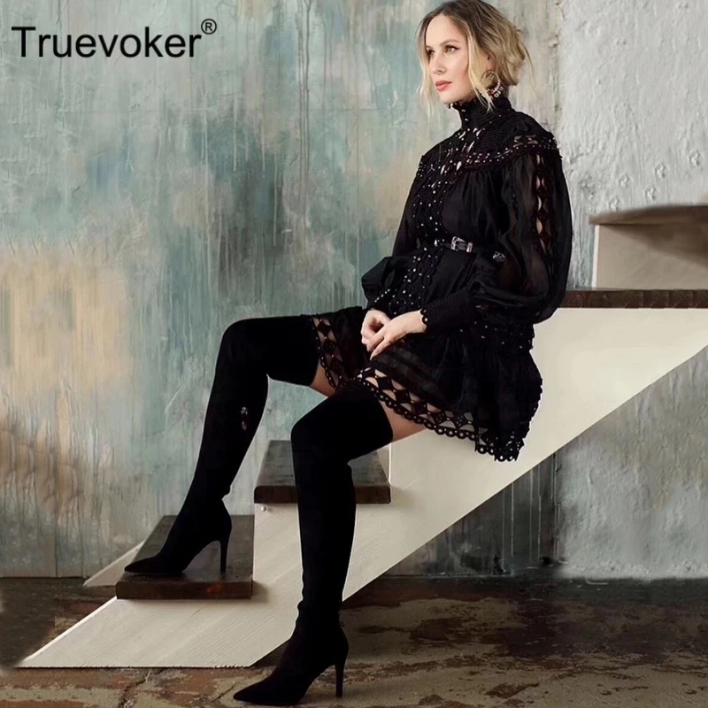 

Truevoker Europe Runway Designer Vocation Resort Dress Women's Full Sleeve Embroidery Hollow Out Rivet Sexy Party Club Vestidoes