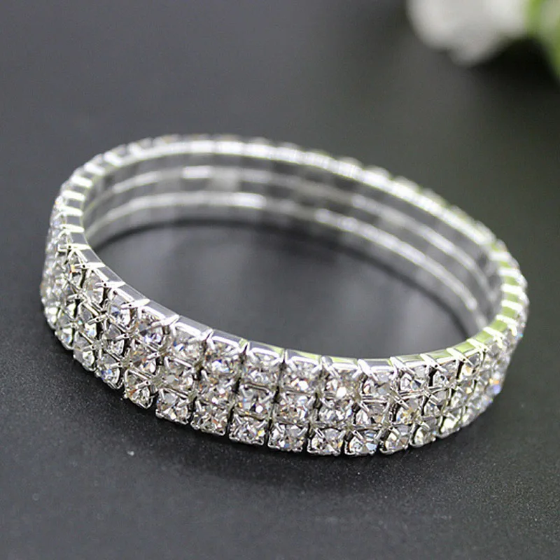 TREAZY 1-8 Rows Rhinestone Crystal Bracelet Bangle Elastic Bling Wristband Wedding Bridal Bridesmaid Bracelet Jewelry Gifts 2