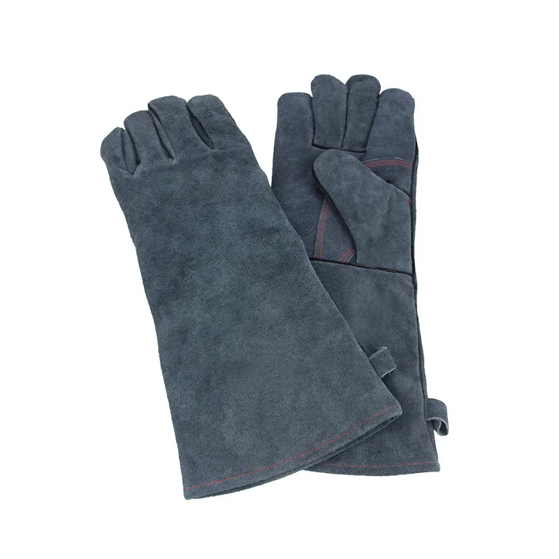Рабочие перчатки из воловьей кожи огнеупорные кожаные наружные перчатки для барбекю термостойкие перчатки против скальдинга - Цвет: gray 14inch