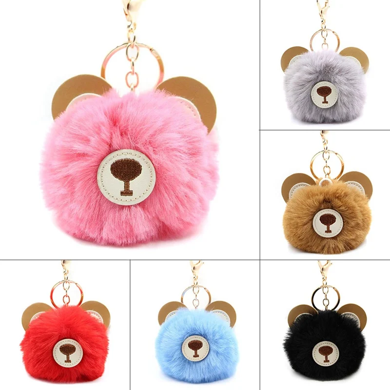 

Car Keyring Women Key Holder Bag Charm jewelry bear head Doll Keychain foot doll Pompom fake Rabbit Fur Ball Key Chain