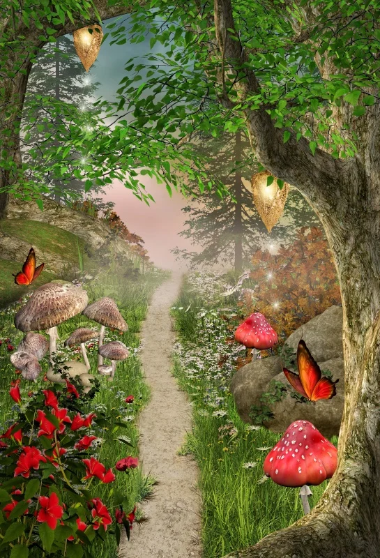 

Laeacco Fairy Tale Forest Photography Backdrops Children Backgrounds Photo Studio Mushrooms Elves Flowers Photo Background