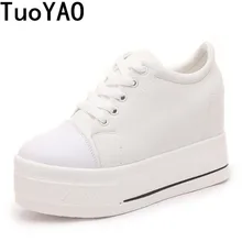 Chaussures décontractées à plateforme et lacets pour femmes, talons hauts, à la mode, blanc, hauteur augmentée, semelle épaisse de 10 CM, 2020