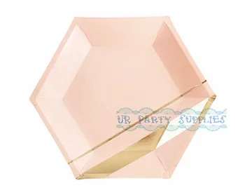 

64pcs Blush Pink & Gold Hexagon Large 23cm Party Plates for Wedding Bridal Shower Engagement Bachelorette Party Birthday