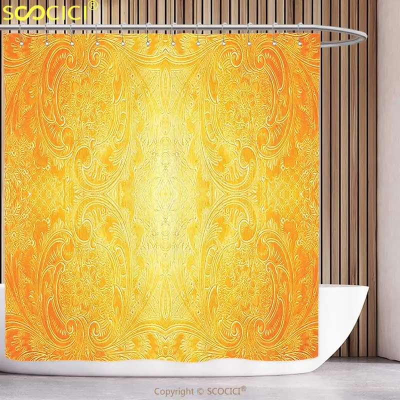 

Decorative Shower Curtain Yellow Decor Victorian Style Antique Metal Pattern Ornamental Flourish Vintage Illustration Orange