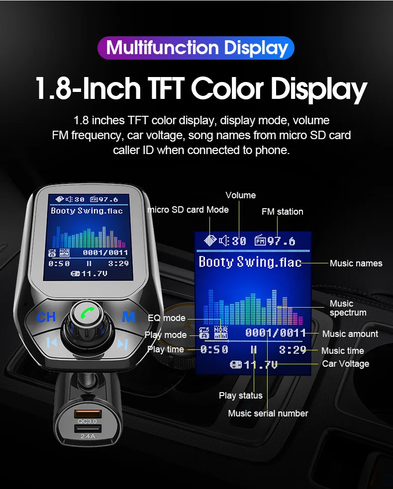 JINSERTA, быстрая зарядка 3,0, Bluetooth, fm-передатчик, двойной USB, 1,8 дюймов, TFT экран, FM модулятор, комплект, Автомобильный mp3 плеер, TF, USB, музыкальный