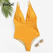 Romwe, спортивный желтый однотонный монокини с рюшами, открытая спина, цельный костюм для женщин, летний, без косточек, на бретельках, простой, сексуальный купальник