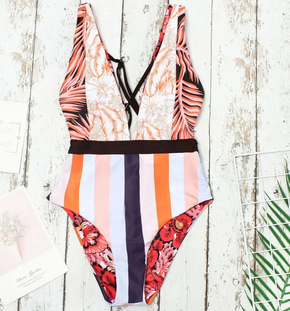 

One Piece Swimsuit Stripe Sexy Deep V-neck Hollow Out Swimwear Women Backless Bandage High Waist Bathing Suit 2019 Monokini