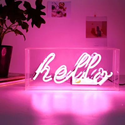 Desktop Neon Lamp Lounge Welcome Bar Hello Kisses yellow/pink light Indoor club bedroom wedding decor Neon Lights US Plug lamp - Испускаемый цвет: Clear Box    PINK