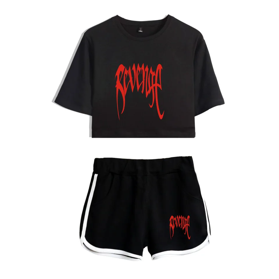 

2018 Xxxtentacion Crop Top + Shorts Casual O-neck Women Tshirts 2 Piece Women Set Tracksuit Clothes Skull Printed Femme Top
