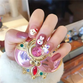 

24pcs Pink Cute Cartoon Animal Pattern Artificial Nail Medium Long Round Bear Rabbit Full Cover Acrylic Fake Nail With Glue