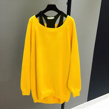 

New Spring Autumn O Neck Solid Color Female Sweaters Medium-long Long Sleeve Knitted Top + Small Basic Vests Two Piece Set