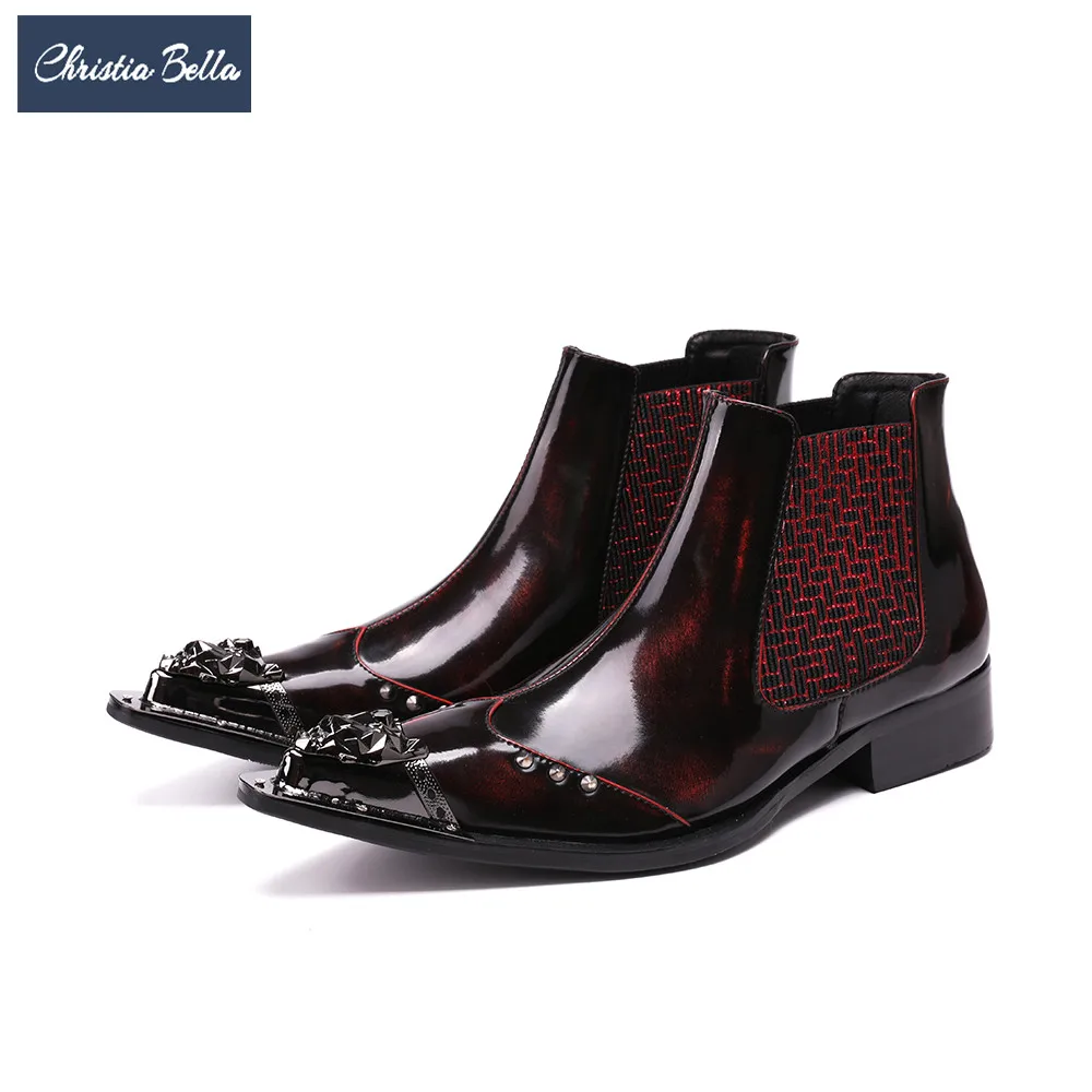 

Christia Bella British Style Men Ankle Boots Rivets Genuine Leather Pointed Toe Chelsea Boots Plus Size Men Formal Dress Shoes