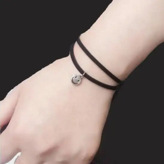 

Vintage Alloy Smile Face Smiling Bracelets & Bangles Punk Gothic Black Leather Rope Bracelets Women Jewelry 2018