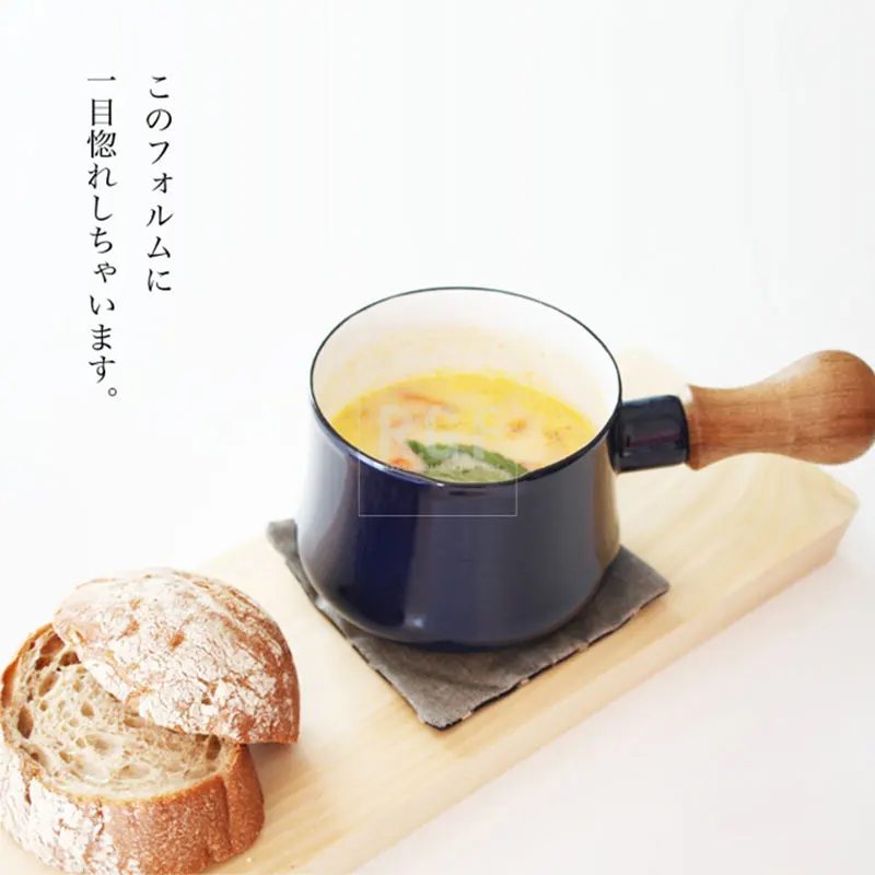 

Milk Pan 9cm Porcelain Enamel Mini Butter Pot With Single Wooden Handle Wooden Electromagnetic Pan Sauce pan Small Stewpot