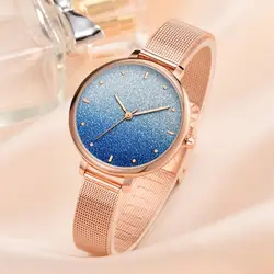 Модные Простые Женские часы цвет холодный матовый циферблат сетчатый ремень, булавка, пряжка роскошные женские часы кварцевые ручные часы
