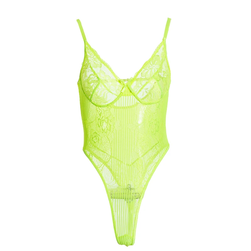 

2019 Neon Green Summer Sexy New Playsuit Lace Streetwear Jumpsuit Top Transparent Bodysuit Body Overalls For Women Female Shorts