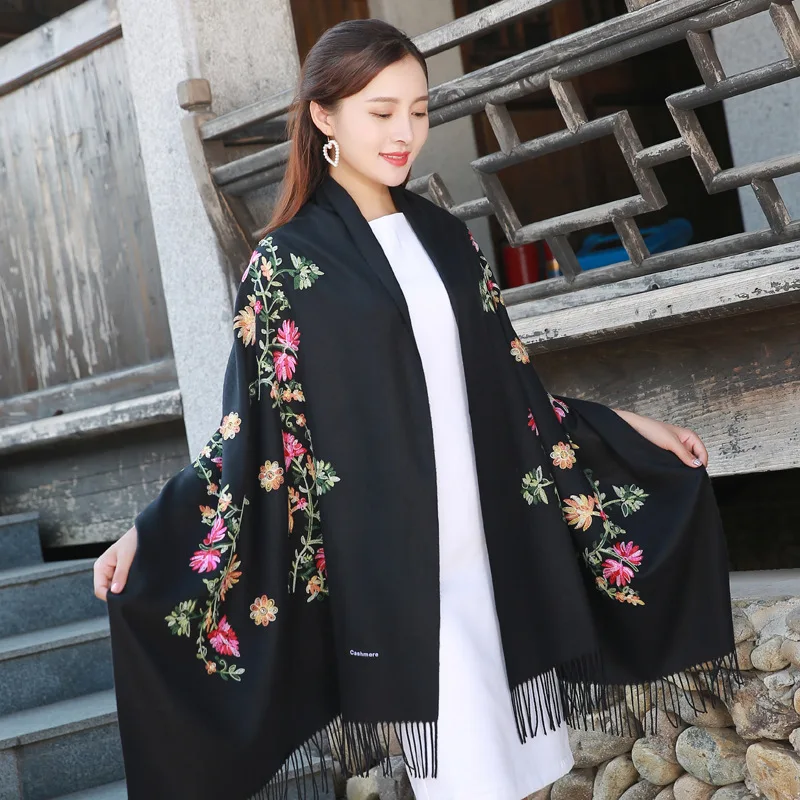

Cashmere Scarf Women National Wind Embroidered Shawl Winter Long Warm Cashmere Lady Cloak Female Pashmina Chinese Wind
