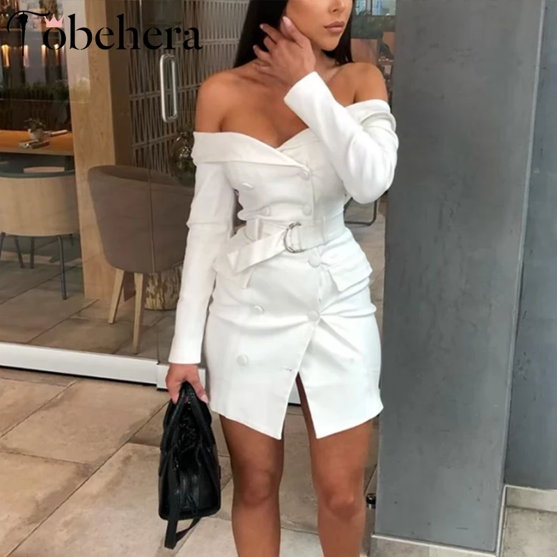 

Glamaker White off shoulder sash blazer dress Women party long sleeve bodycon dress Elegant club female short dress streetwear