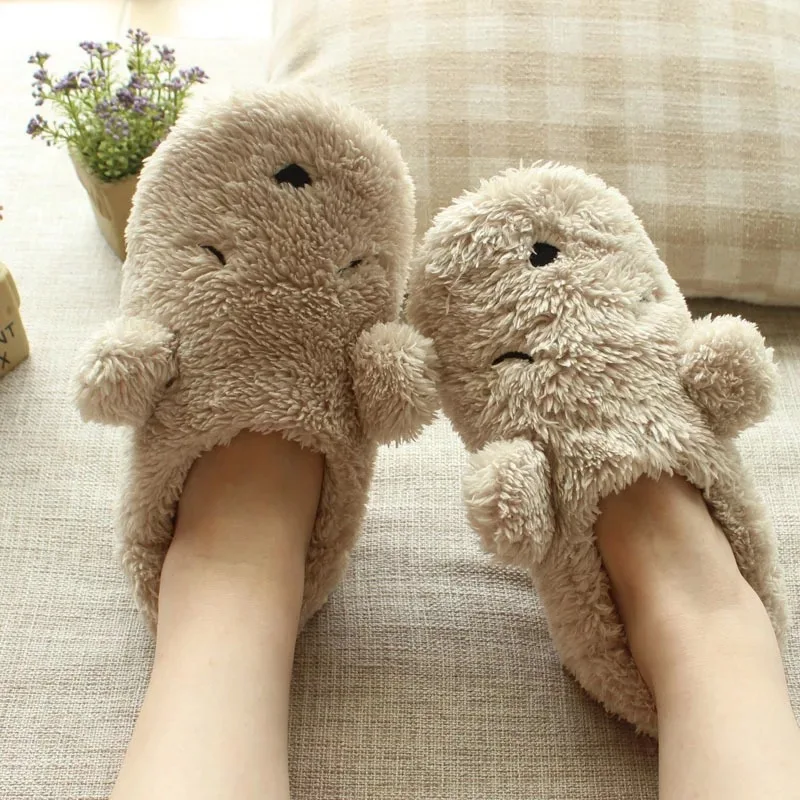 XiaoKaiXin Winter Home Cartoon Squinting Dog Soft Plush Slippers Women Indoor Floor Warm Bedroom big Size Slipper Shoes Girls