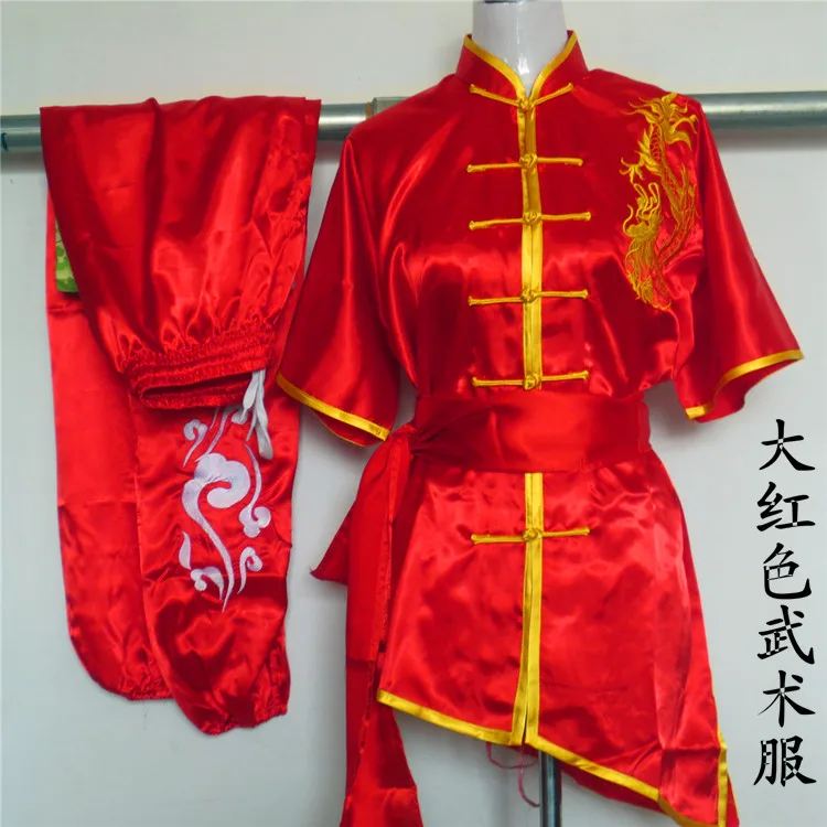 Red Chinese Kung Fu Suit satin Martial arts performance clothing dragon