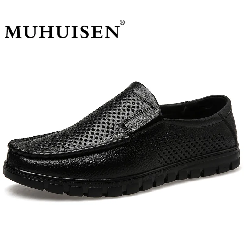 

MUHUISEN Men Loafers Summer Casual Boat Shoes Fashion Genuine Leather Slip On Driving Shoes Hollow Out Breathable Flats