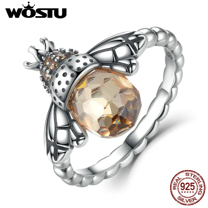 

WOSTU Hot Authentic 100% 925 Sterling Silver Cute Bees Yellow CZ Crystal Rings for Women Wedding Jewelry Accessories FIR025