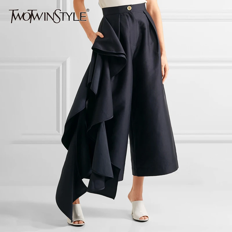

TWOTWINSTYLE Ruffles Patchwork Pants For Women High Waist Large Size Wide Leg Trousers Female 2019 Spring Fashion OL Clothing