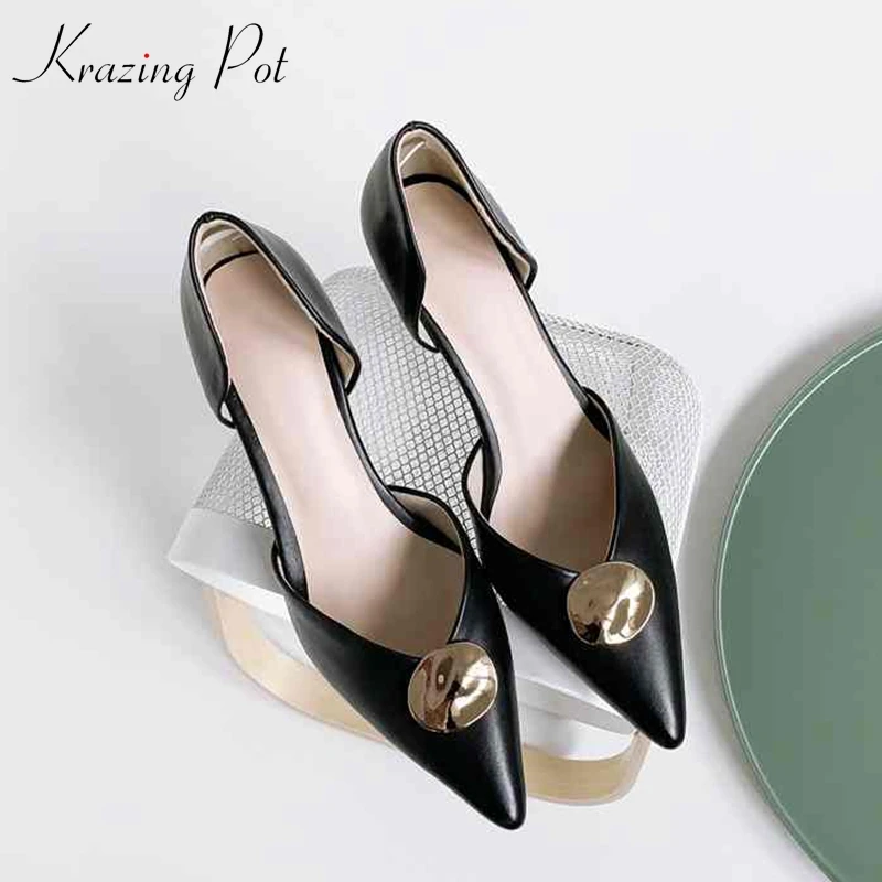 

Krazing Pot 2019 full grain leather brand shoes basic clothing slip on pointed toe metal fasteners high heels shallow pumps L69
