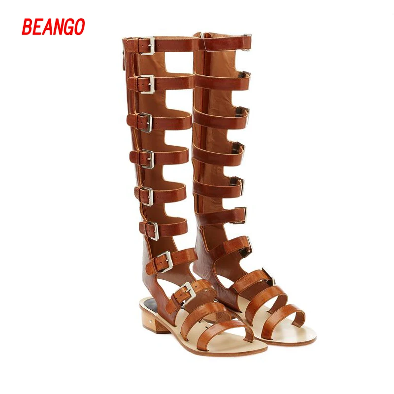 BEANGO Women Sandals Summer Cover Heel Knee High Gladiator Sandals Boots  Star Low Square Heels Rome Hollow Sandals 2017 New