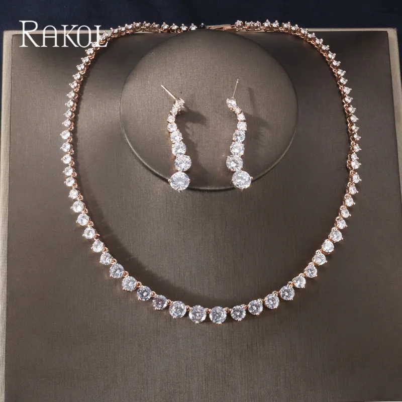 RAKOL Модный свадебный дизайн роскошный блестящий прозрачный круглый кубический цирконий Свадебные серьги ожерелье набор украшений для женщ... RAKOL Модный свадебный дизайн роскошный блестящий прозрачный круглый кубический цирконий Свадебные серьги ожерелье набор украшений для женщ...