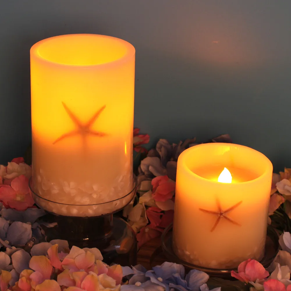 Led candle flameless candle with Timer,Seastar and Shell Pillar Candle with Timer,Battery