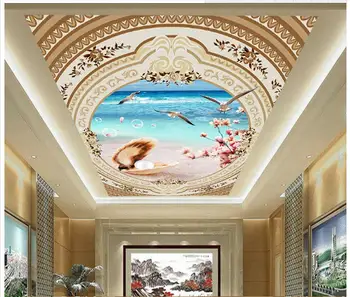 

Custom 3d wallpaper 3d ceiling murals wallpaper Zenith sea beach shell cherry blossom ocean condole top ceiling wallpaper dceor