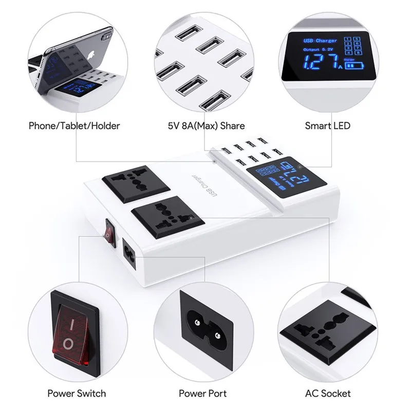 HKHUIBANG usb зарядное устройство для телефона 4 в 1 8 портов светодиодный дисплей блок