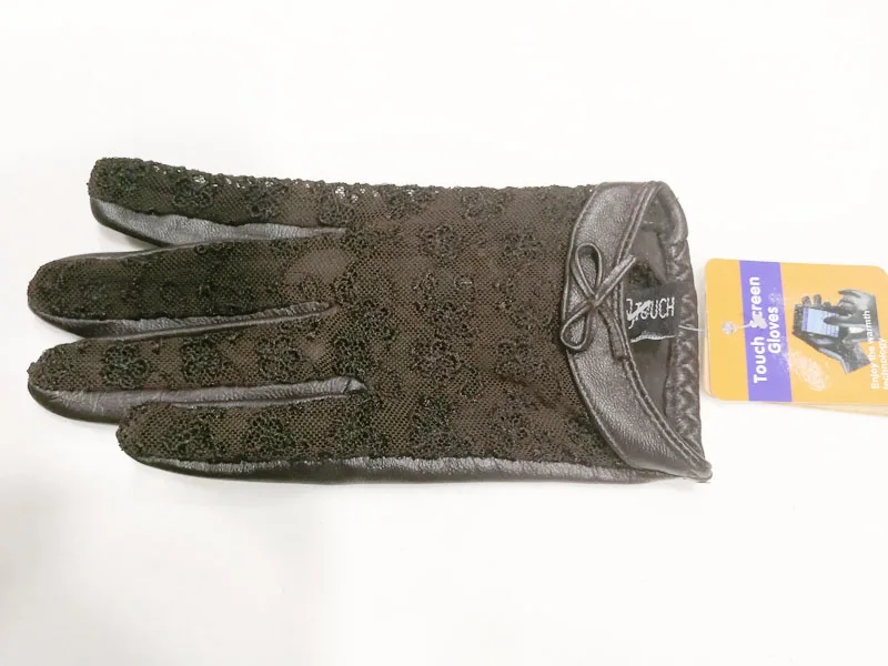 Brown elastic Женские перчатки из овчины с сенсорным экраном, модные кружевные тонкие женские кожаные перчатки без подкладки на весну и лето - Цвет: Brown elastic