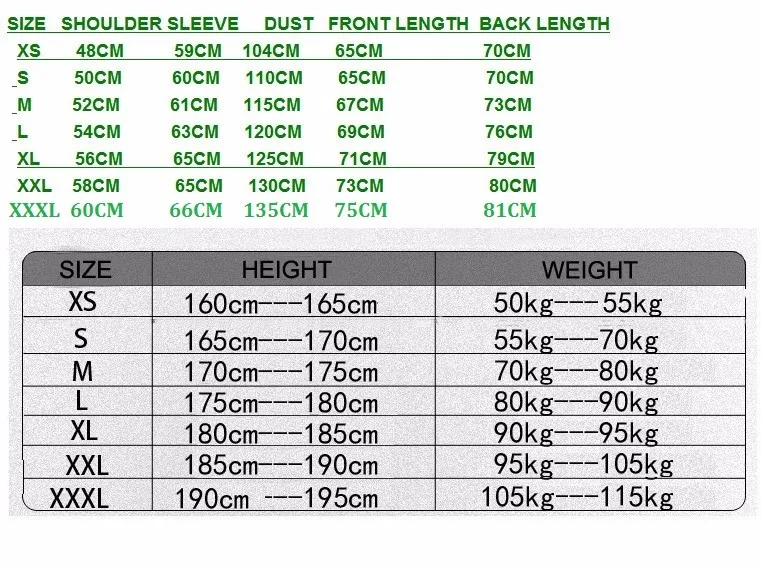 TAD jacket size chart