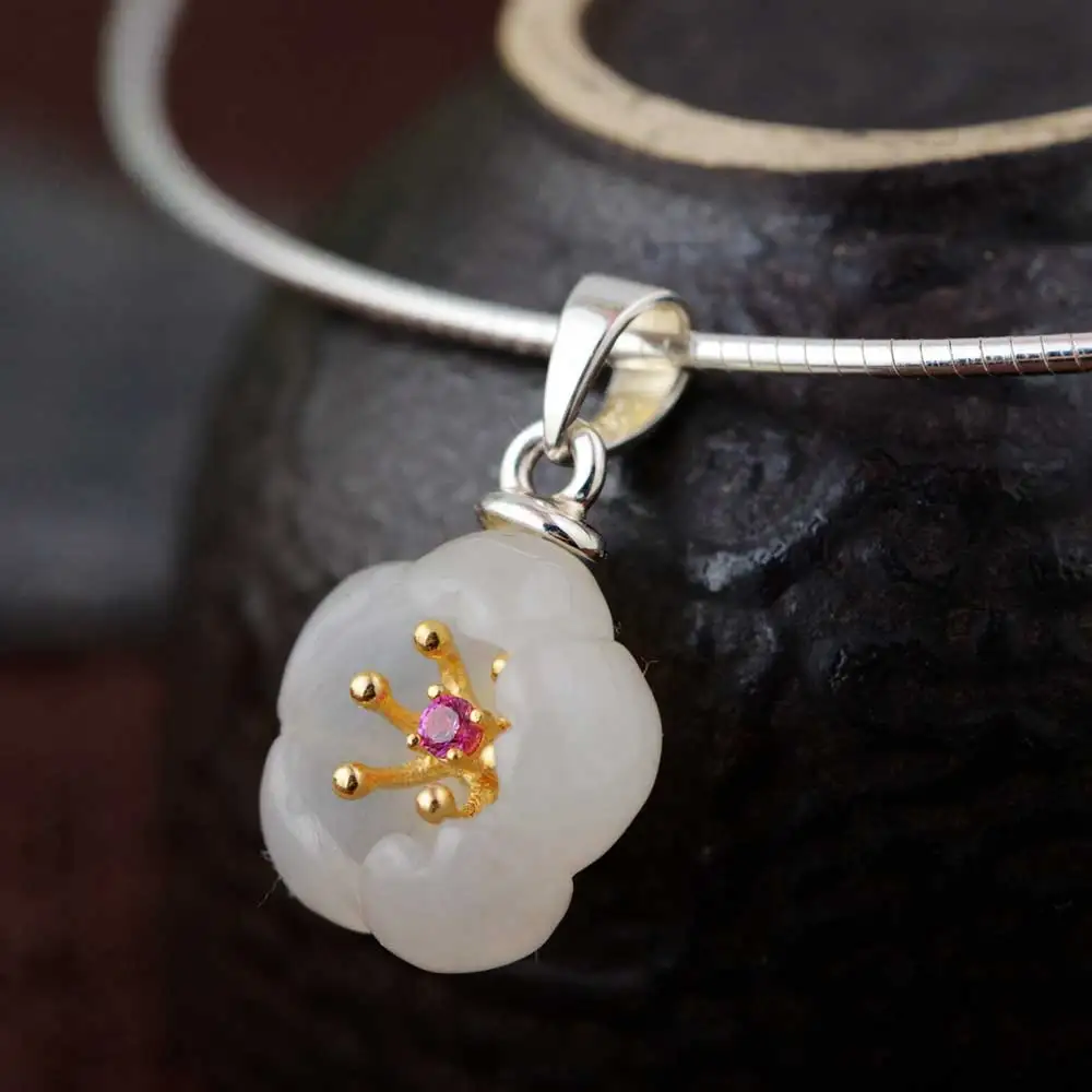 

FNJ 925 Silver Flower Pendant for Jewelry Making Natural Heitan Jade Stone Original Pure S925 Sterling Silver Pendants Women