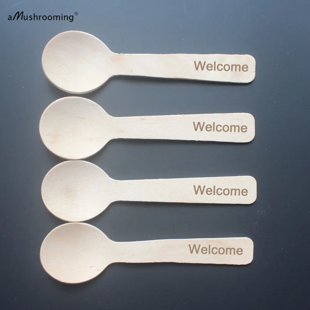 x100 Engraved Small Wooden Disposable Spoons Wedding Birthday